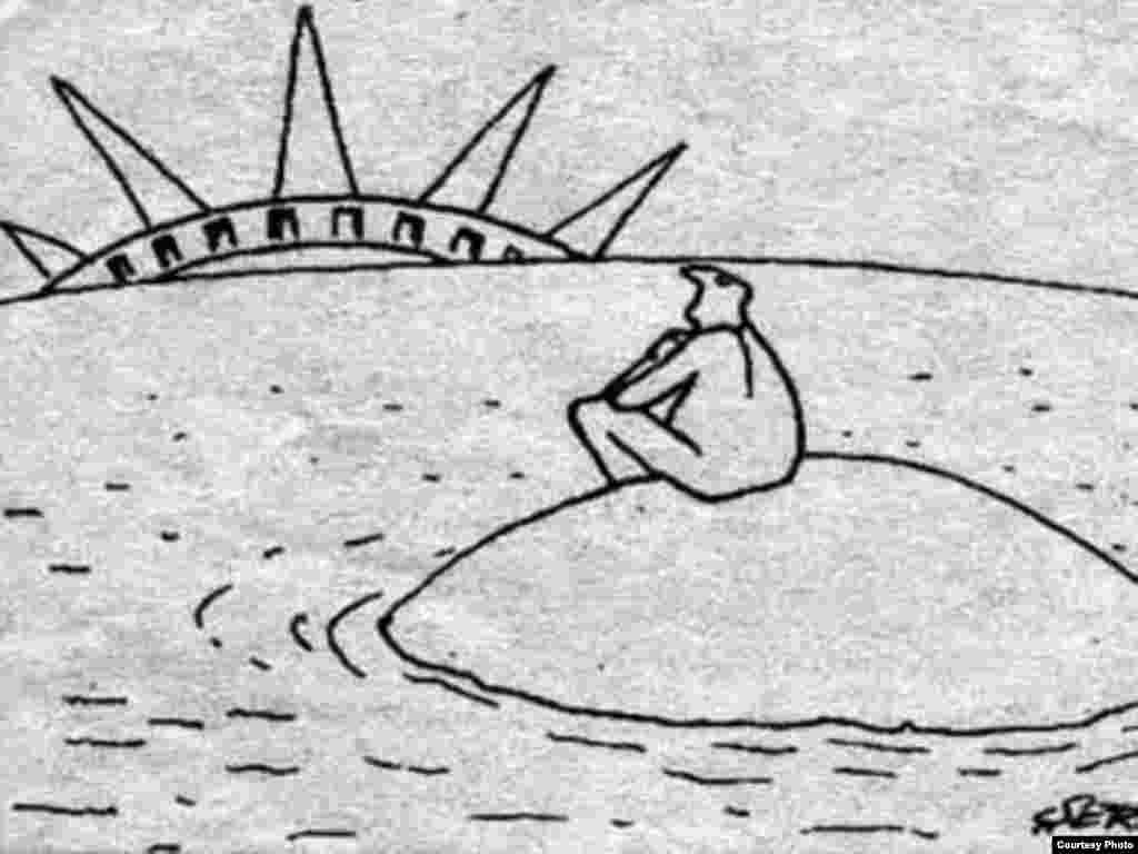 Эркиндикти эңсеген өлкөлөрдөгү саясий сатира  - 1990-жылдары Шериф башка бир карикатурасында эркиндикке болгон үмүт-тилегин мына ушинтип чагылдырган. 