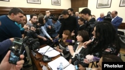 Armenia - Journalists interview leaders of the opposition Yerkir Tsirani party attending a session of Yerevan's municipal council, 13 February 2018.