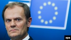 ЕБнын төрагасы Дональд Туск Брюсселдеги пресс-конференцияда. 19-декабрь 2014-жыл.
