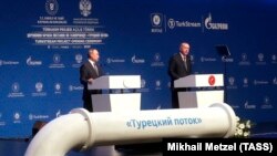 Թուրքիա, Ստամբուլ, Ռուսաստանի և Թուրքիայի նախագահներ Վլադիմիր Պուտինը և Ռեջեփ Էրդողանը մասնակցում են «Թուրքական հոսքի» բացման պաշտոնական արարողությանը, 8-ը հունվարի, 2020թ.