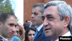 Armenia -- President Serzh Sarkisian speaks to journalists at the Sardarapat war memorial on May 28, 2009.