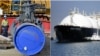 The Nord Stream 2 pipeline (left) and an American tanker carrying liquefied natural gas (combo photo)