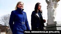 مگدالینا اندرسون صدراعظم سویدن ( طرف چپ) و سنامارین صدراعظم فنلند
