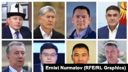 "Октябрь окуясы" боюнча айыпталуучулар: Үстүңкү катарда Жеңиш Молдокматов, Алмазбек Атамбаев, Өмүрбек Бабанов, Курсан Асанов, ылдыйкы катарда Фарид Ниязов, Темирлан Султанбеков, Дамир Мусакеев, Канат Сагымбаев.