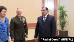 General James Mattis (second from left) meets with Tajik President Emomali Rahmon