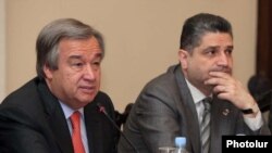 Armenia -- Prime Minister Tigran Sarkisian (R) and U.N. High Commissioner for Refugees Antonio Guterres attend an international conference in Yerevan, 17May2011.