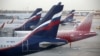 Planes of the Aeroflot and Rossia airlines are parked at Moscow's Sheremetyevo International Airport.