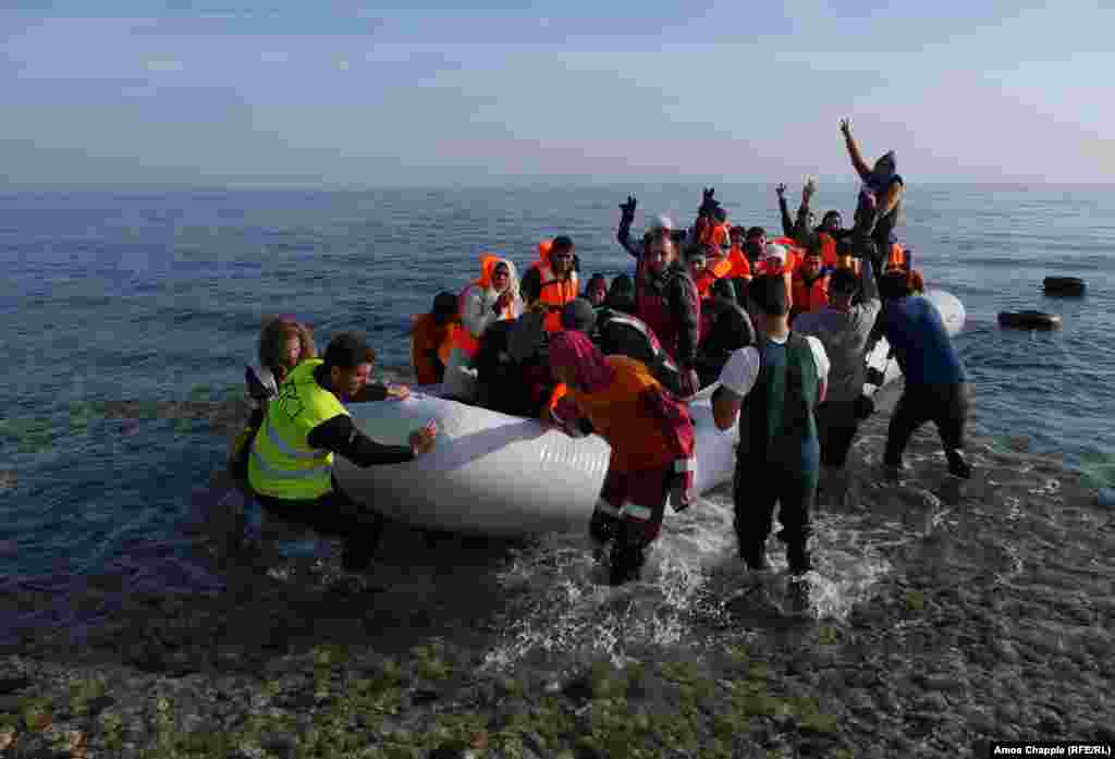 A migrant boat approaches the Greek island of Lesbos. In addition to the massing of people, Lesbos is trying to cope with the tide of inflatable boats on which the migrants arrive.&nbsp;