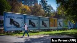 Posters in Budapest depict a bomb with the text "We are being punished by the Brussels sanctions." (file photo)