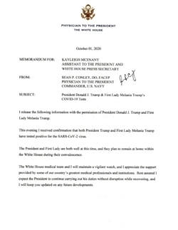 Лист лікаря Білого дому Шина Конлі, в якому він повідомляє, що президент Дональд Трамп та перша леді Меланія Трамп захворіли на COVID-19.