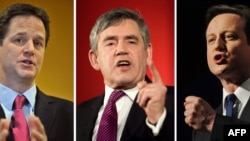 Британиянын ири үч партиясынын лидерлери Дэвид Камерон, Гордон Браун, Ник Клегг.