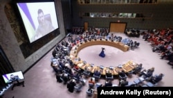 Ուկրաինայի նախագահ Վլադիմիր Զելենսկին դիմում է ՄԱԿ-ի Անվտանգության խորհրդին, Նյու Յորք, 5-ը ապրիլի, 2022թ.