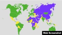 Мапа Freedom House щодо свободи у світі в 2012 році. Зеленим кольором позначені «вільні» країни, жовтим – «частково вільні» і синім – «невільні»