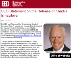 Звільнення журналістки Радіо Свобода Хадіджі Ісмаїлової привітало керівництво американського іномовлення.