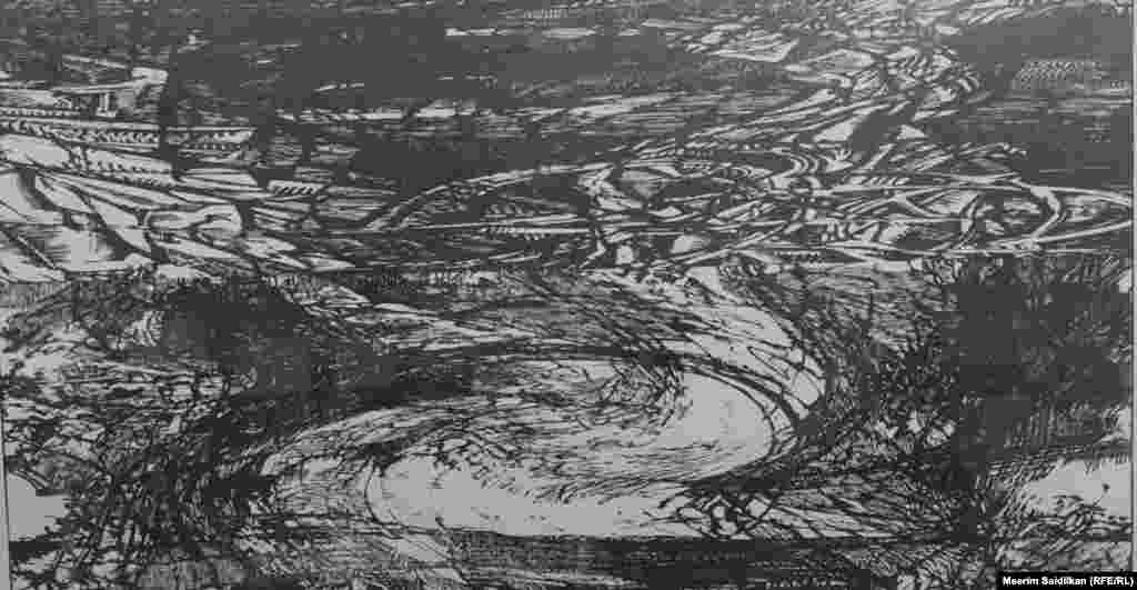 В.А.Мельниковдун "Барак 1,  Аркаим ", аттуу эмгеги, "Үйгө карай жол" сериясынан,  пластикадагы гравюра, бийик басма, 2007