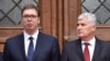 Serbian President Aleksandar Vucic (left) and the chairman of Bosnia's three-man presidency, Dragan Covic, in Sarajevo on September 7.