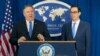 U.S. -- U.S. Secretary of State Mike Pompeo (L) and U.S. Treasury Secretary Steven Mnuchin announce sanctions against Iran during a news conference at the Foreign Press Center in Washington, November 5, 2018