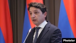 Armenia- Finance Minister Vahe Hovannisian speaks during a news conference, Yerevan, May 2, 2025.