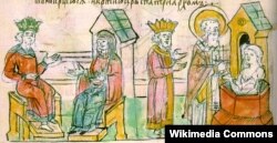 Княгиня Ольга в Царгороді. Мініатюра з Радзивіллівського літопису, ХV століття