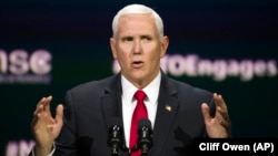 ԱՄՆ փոխնախագահ Մայք Փենսը ելույթ է ունենում ՆԱՏՕ-ի հիմնադրման 70-ամյակին նվիրված միջոցառմանը, Վաշինգտոն, 3-ը ապրիլի, 2019թ․