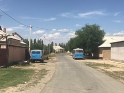 Полицейские машины припаркованы возле домов с разбитыми окнами в селе Космезгил. Туркестанская область, 27 июля 2020 года.