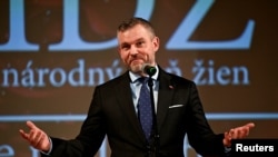 Спікер парламенту Словаччини, кандидат на посаду президента – Петер Пеллегріні – виступає під час виборчої кампанії. Словаччина, 2024 рік