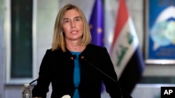 فدریکا موگرینی نماینده عالی اتحادیه اروپا در سیاست خارجی و امور  امنیتی حین صحبت در یک کنفرانس خبری در عراق. July 13, 2019