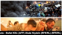 У протестах в Україні 2013–2014 років (верхнє фото) і в Білорусі, які тривають з літа 2020 року, інформаційно-комунікаційні технології (ІКТ) відіграли значну роль 