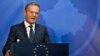 European Council President Donald Tusk speaks at a press conference after a meeting with Kosovo's president in Pristina on April 26.