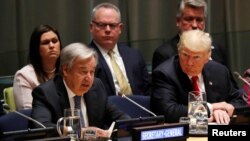 АКШ президенти Дональд Трамп жана баш катчы Антониу Гутерреш БУУдагы жыйында. Нью-Йорк, 2018-жыл. 