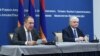 Russian Foreign Minister Sergei Lavrov (left) and Armenian Foreign Minister Edward Nalbandian hold a joint press conference in Yerevan on November 21.