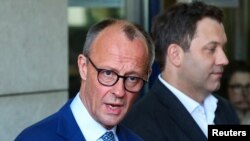 Бъдещият канцлер на Германия Фридрих Мерц на обща пресконференция на ХДС/ХСС и ГСДП в края на март 2025 г.