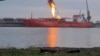 The Turkish tanker Ordina after a Russian drone strike on November 17. The vessel, moored in Ukraine, was photographed from the Romanian side of the Danube.