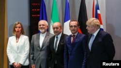 Ирандын, Германиянын, Франциянын, Британиянын тышкы иштер министрлери жана Евробиримдиктин тышкы саясат боюнча жогорку өкүлү Федерика Могерини жолуккан учур. Брюссель, 15-май, 2018-жыл.