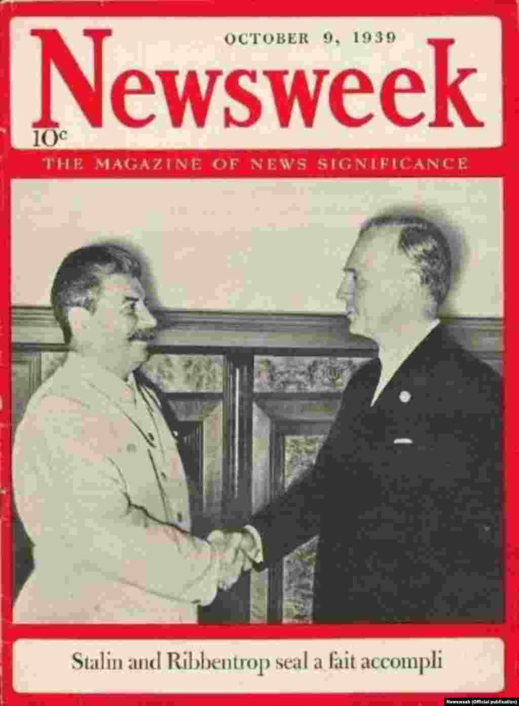 &quot;Newsweek&quot; журналынын сыртына басылган Сталин менен Риббентроптун сүрөтү, 1939-жылдын 9-октябры.
