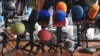Armenia -- TV and radio microphones laid out during a news conference in Yerevan.