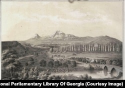 Вид из Ереванской крепости на Араратскую равнину и гору Арарат. Сегодня на месте разрушенной крепости, где стоял Дюбуа, чтобы изобразить этот пейзаж, находится коньячный завод