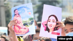 A protest in Bishkek over the death of 27-year-old Aizada Kanatbekova, who was abducted and killed in a suspected "bride" kidnapping.