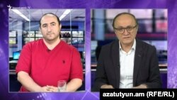 Советник премьер-министра Артак Манукян (слева) и директор Радио Азатутюн Грайр Тамразян, 24 июня 2018 г.
