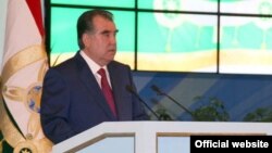 Tajik President Emomali Rahmon delivers a speech to the Tajik parliament on April 23.