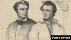 Паўстанцы Міхал Валовіч (зьлева) і Артур Завіша каля шыбеніцы, гравюра М. Ходзькі