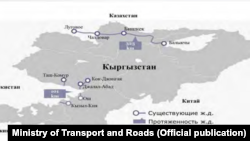 Кыргызстандын темир жолдорунун картасы. Булак: Транспорт жана жолдор министрлиги.
