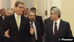 Armenia - President Serzh Sarkisian (R) meets with German Foreign Minister Guido Westerwelle in Yerevan, 16Mar2012.