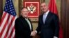 U.S. Secretary of State Mike Pompeo (left) shakes hands with Montenegrin President Milo Djukanovic during a meeting in Podgorica on October 4.