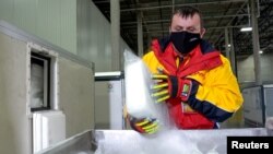 Жүк ташуучу DHL компаниясынын кызматкери вакциналарды муздак шартта ташуучу атайын идишке муз салууда. Чикаго, Иллинойс, АКШ. 2020-жылдын 18-ноябры.