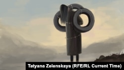 Сүрөтчү Татьяна Зеленскаянын моюнуна дөңгөлөк асылып, зомбулук көргөн сузактык аялдын тагдырын чагылдырган сүрөтү.