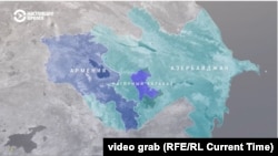 Армения менен Азербайжандын картасы. Тоолуу Карабак ортодо ачык көк түс менен белгиленип турат. "Настоящее время" телеканалы түзгөн карта.