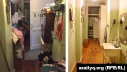 Прихожая в квартире пожилой женщины до (слева) и после (справа) уборки. Алматы.