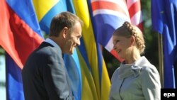 Премьер-министры Польши и Украины Дональд Туск и Юлия Тимошенко на церемонии, посвященной 70-летию начала Второй мировой войны, в Гданьске