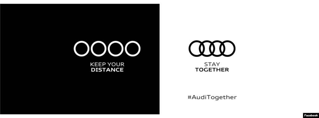 Звичний логотип виробника автомобілів Audi відомий своїми об&rsquo;єднаними чотирма кільцями та девізом &laquo;прогрес завдяки технологіям&raquo;. У часи пандемії коронавірусу німецька компанія у соціальних мережах вирішила тимчасово роз&rsquo;єднати кільця: &laquo;зберігайте дистанцію, тримайтеся разом&raquo;, &ndash; радить компанія.
